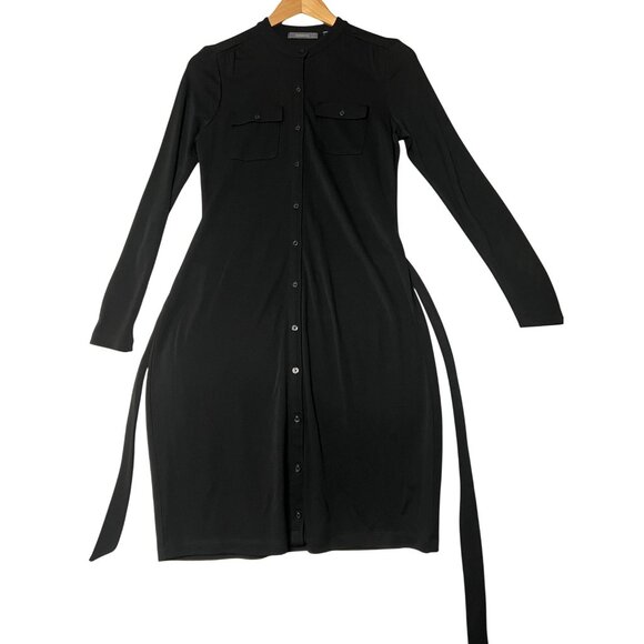 Liz Claiborne Classic Small Black Shirt Dress Tie-Waist Button-Front Long Pocket - Picture 2 of 16